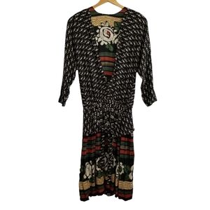 Vintage Carole Little Black Dolman Sleeve Printed Dress Size 6